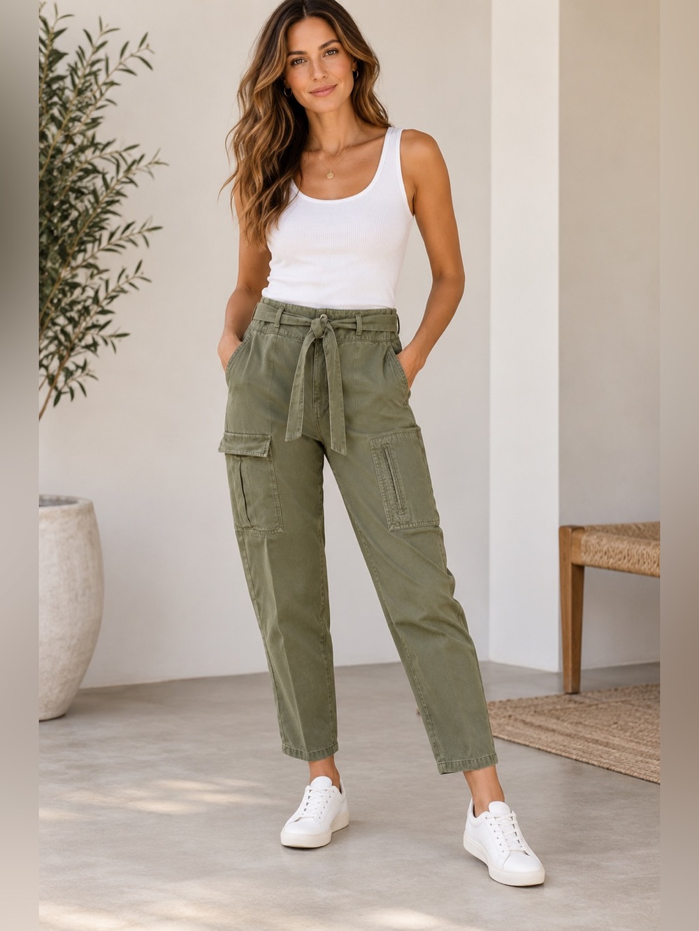 Zara Cargo Pants Drawstring Waist Streetwear Utility Boho Olive Green Size 10
